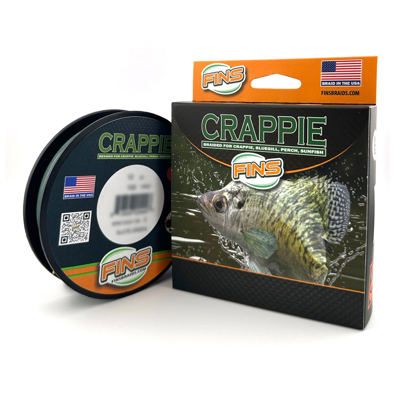 Green Spool and box Crappie Braid ultralight diameter, braided for fishing line for crappie, bluegill, perch, sunfish.