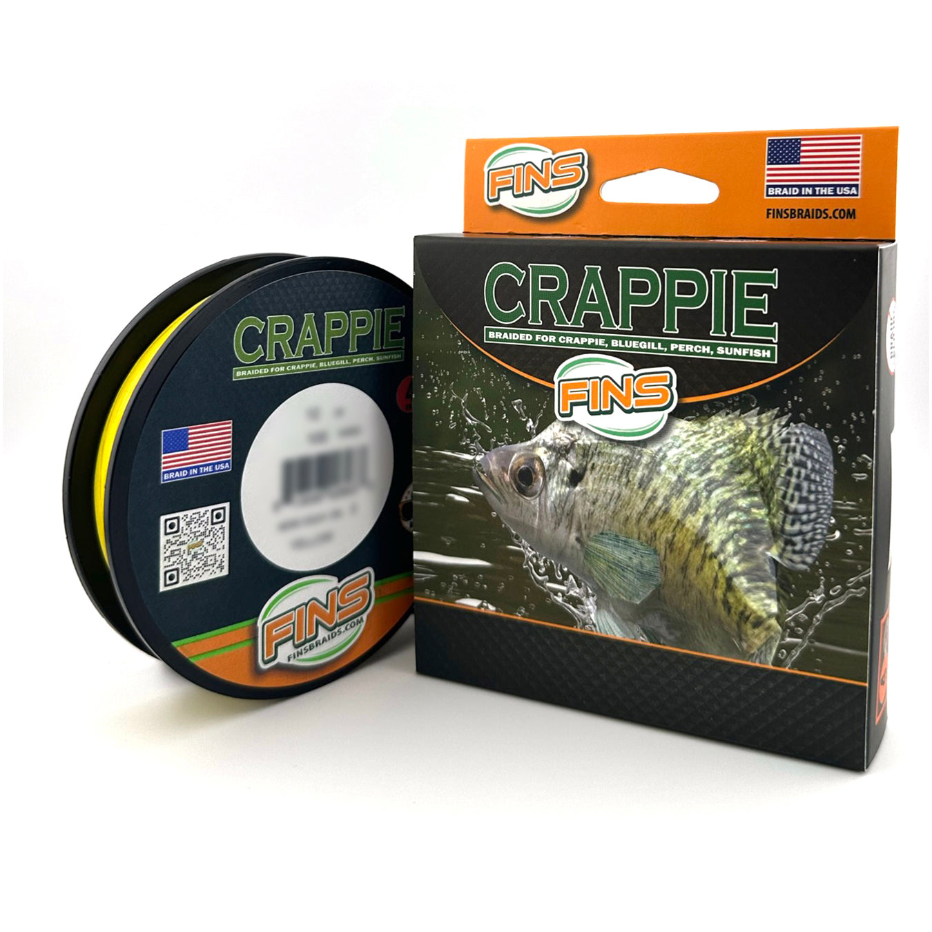 Yellow Spool and box Crappie Braid ultralight diameter, braided for fishing line for crappie, bluegill, perch, sunfish.