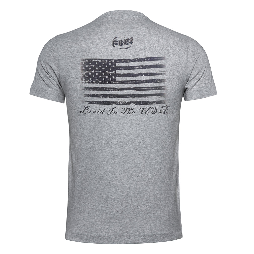  FINS Braid in the USA Grey Short Sleeve T-Shirt Black with American Flag
