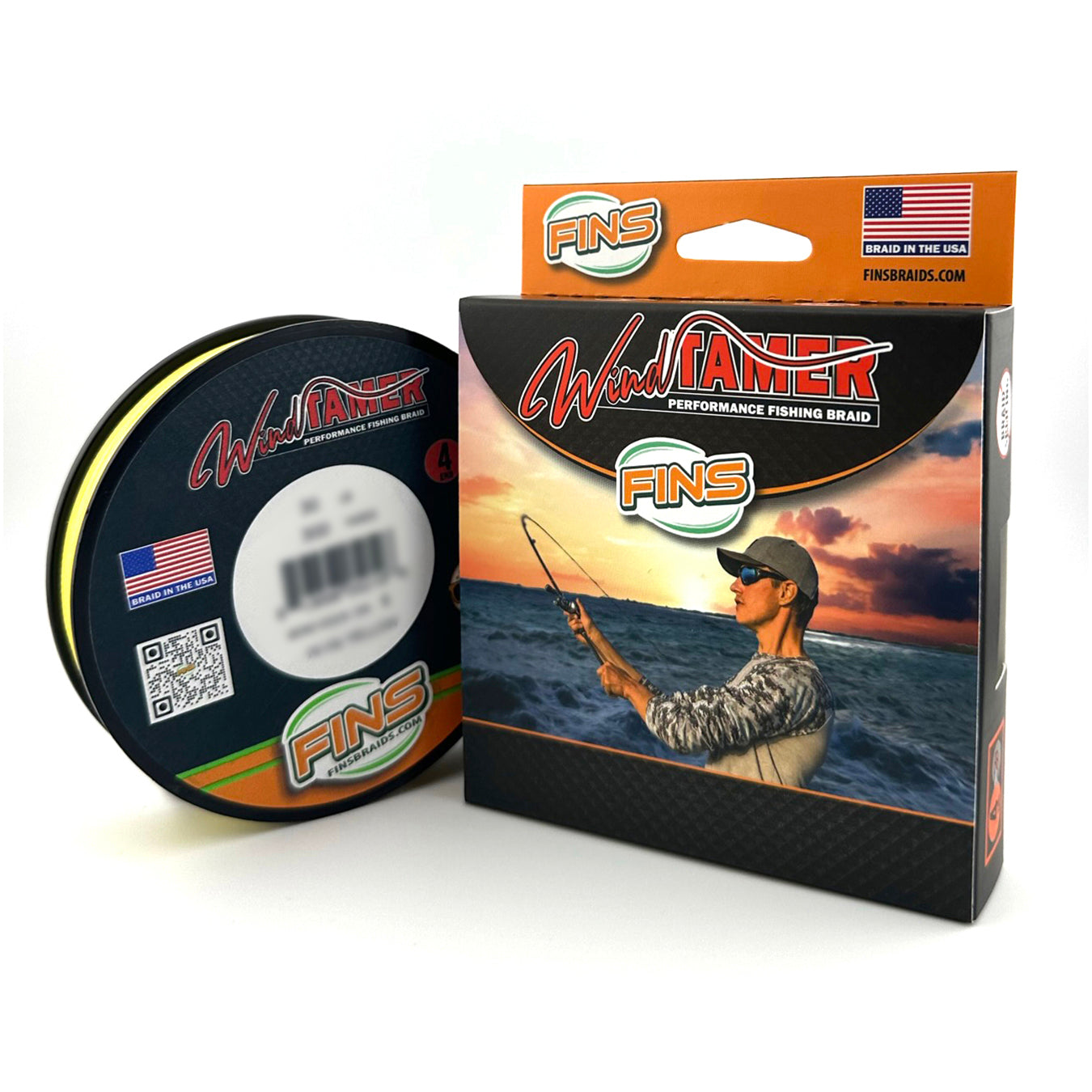 Yellow spool and box braided fishing line Windtamer by Fins