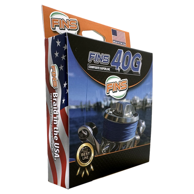 Left box made in the usa Fins 40g Braided Fishing Line Pound Test 65-100