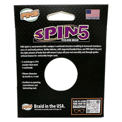 FINS Spin5 is constructed with a unique 5-end braid structure resulting in increased roundness over a 4-end braid pattern. Unlike inferior, stiff, imported braided lines, our FINS Spin5 has just the right amount of body that will ensure it pays off your reel smoothly and through guides without bounce for noticeably longer casts. 